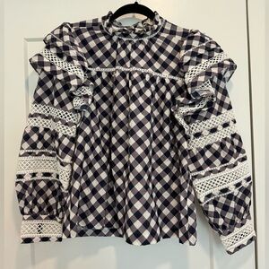 Marie Oliver Womens Top Blouse Size M Long Sleeve Ruffle Navy Gingham